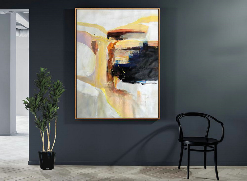 Vertical Palette Knife Contemporary Art,Large Contemporary Painting,Grey,White,Yellow,Black